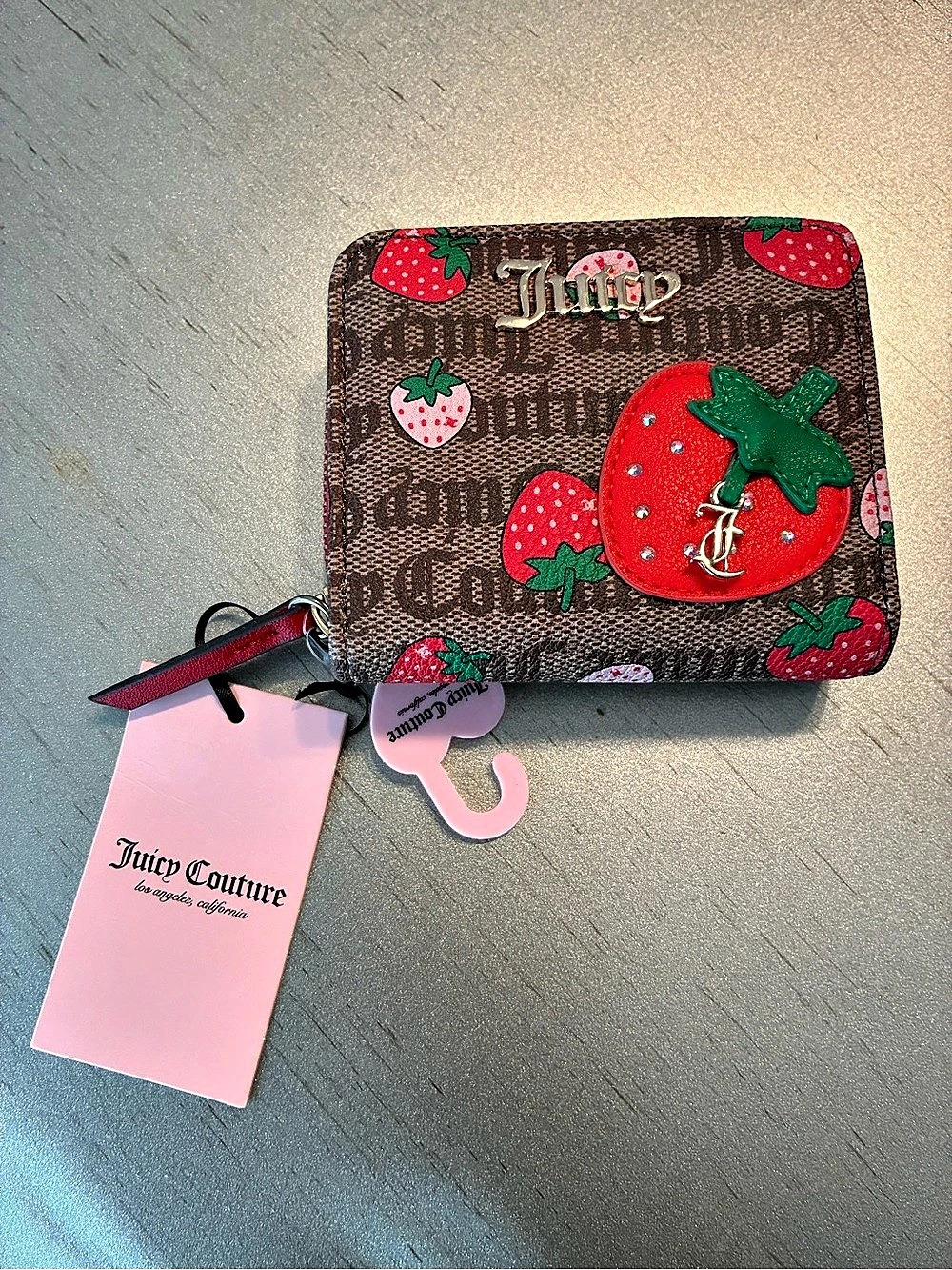 Juicy Couture Strawberry Monogram Zip-Around Wallet Brown & Red Chestnut Chino